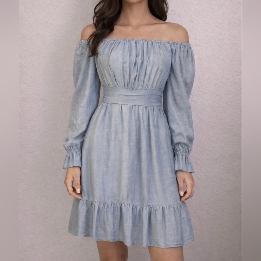 CHAMBRAY Off Shoulder Coquette Ruffle Peasant High Waist Icy Blue Dress